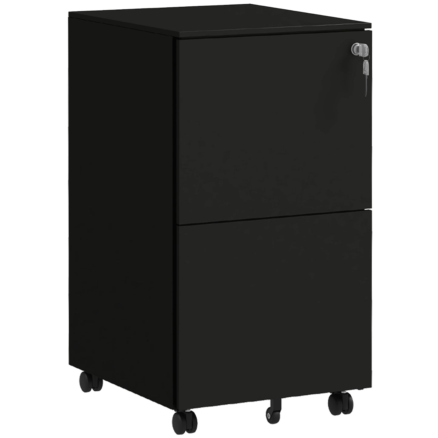 Photo of Vinsetto 2-Drawer Filing Cabinet with Lock and 5 Wheels, Steel Mobile File Cabinet, for A4, Legal and Letter Size, Pre-Assembled Body, Black in Black colour on a white background