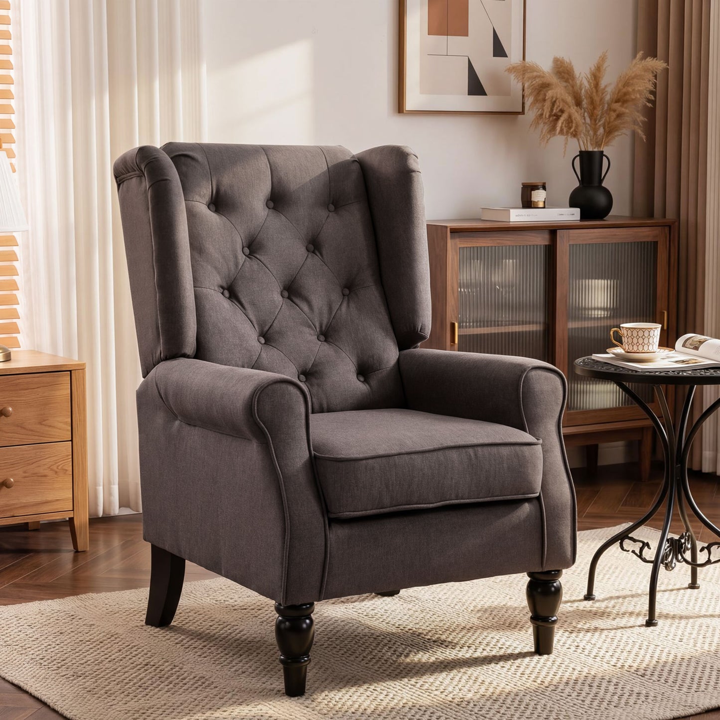 HOMCOM Wingback Accent Chair, Retro Upholstered Button Tufted Occasional Chair for Living Room and Bedroom, Brown
