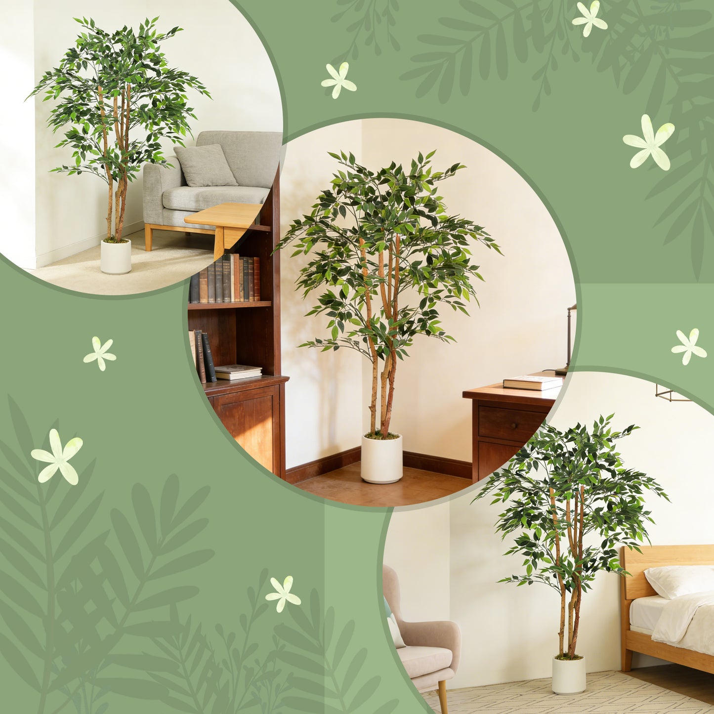 HOMCOM 150cm Artificial Ficus Tree, Fake Potted Tree with Solid Wood Trunk and Pot for Indoor, Green