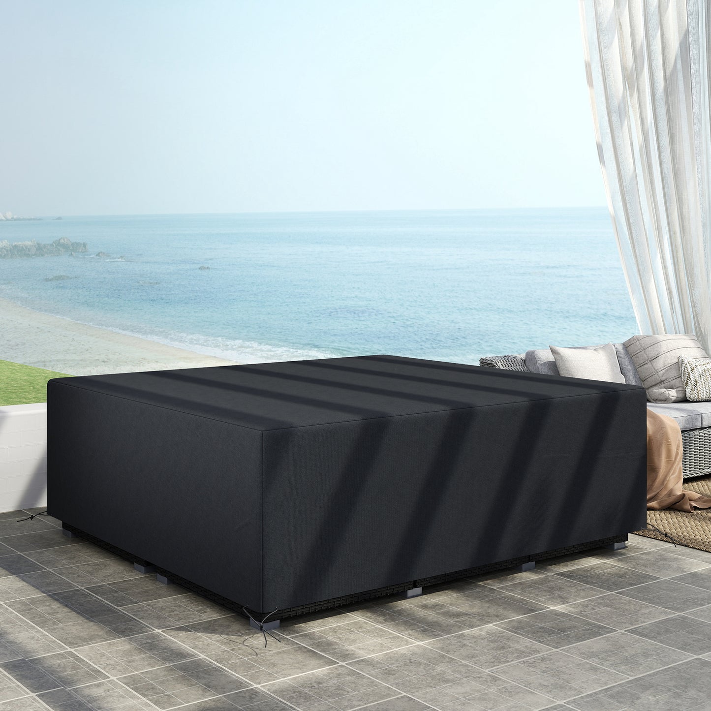 Outsunny 600D Oxford Outdoor Garden Furniture Sofa Set Cover, Waterproof Anti-UV Rattan Sun Lounger Protection Protector Cover, 225L x 210W x 70Hcm, Black