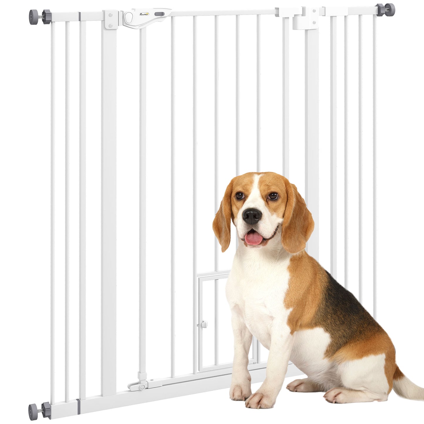 Photo of PawHut Extra Tall Pet Gate, Indoor Dog Safety Gate, with Cat Flap, Auto Close, 74-101cm Wide - White in White colour on a white background