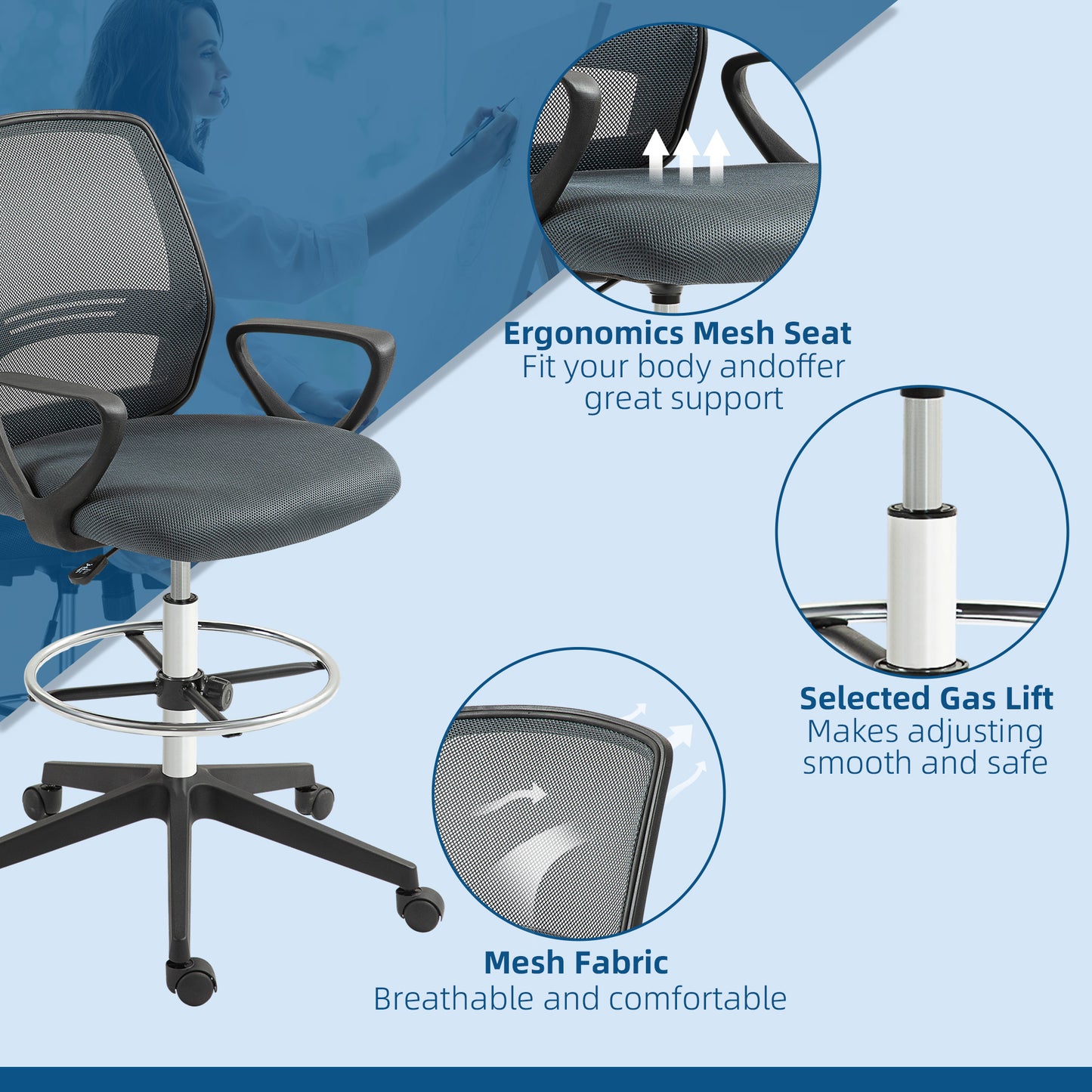 Vinsetto 102.5-126cm Draughtsman Office Chair, with Footrest - Grey