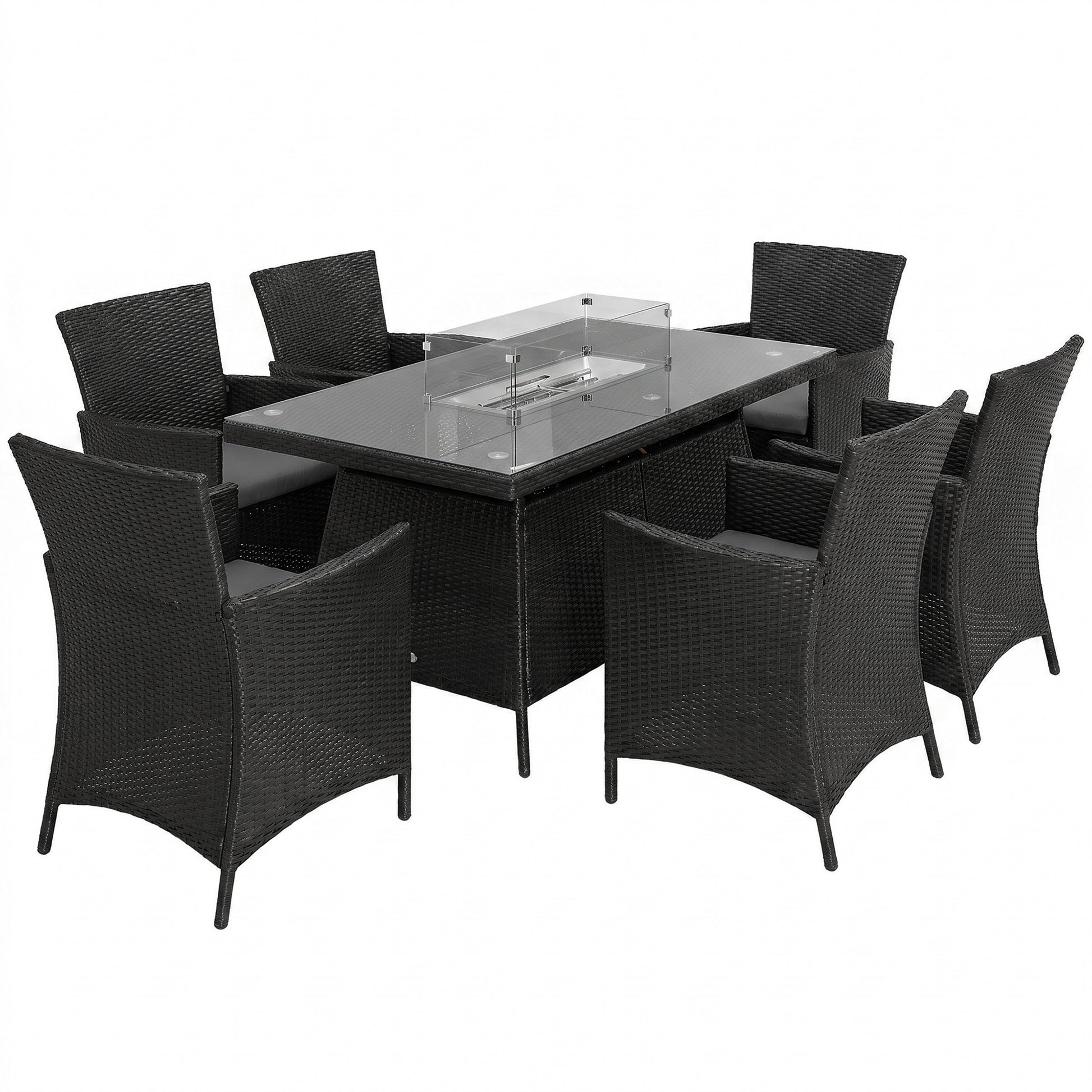 Photo of Outsunny 7 Pieces Outdoor Rattan Garden Furniture with Fire Pit Table, 6 Seater Garden Table and Chairs with Cushions, Rattan Dining Set with Propane Heater Table, Windscreen, 50,000 BTU, Black in Black colour on a white background