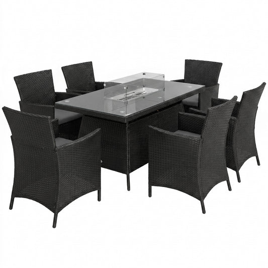Photo of Outsunny 7 Pieces Outdoor Rattan Garden Furniture with Fire Pit Table, 6 Seater Garden Table and Chairs with Cushions, Rattan Dining Set with Propane Heater Table, Windscreen, 50,000 BTU, Black in Black colour on a white background