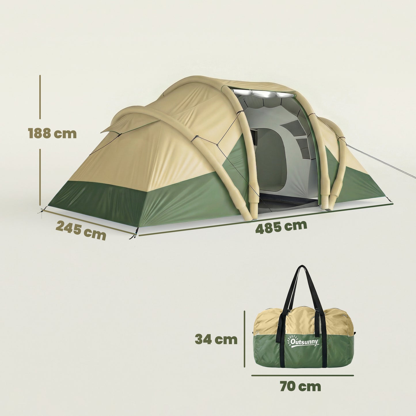 Outsunny Inflatable Tent 2 Bedroom Tunnel Design Windproof Air Tent with Carry Bag for 4 Person