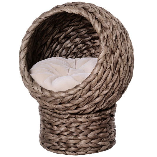 Photo of PawHut Wicker Cat Bed, Raised Rattan Cat Basket with Cylindrical Base, Soft Washable Cushion, 42 x 33 x 52cm - Brown in Brown colour on a white background