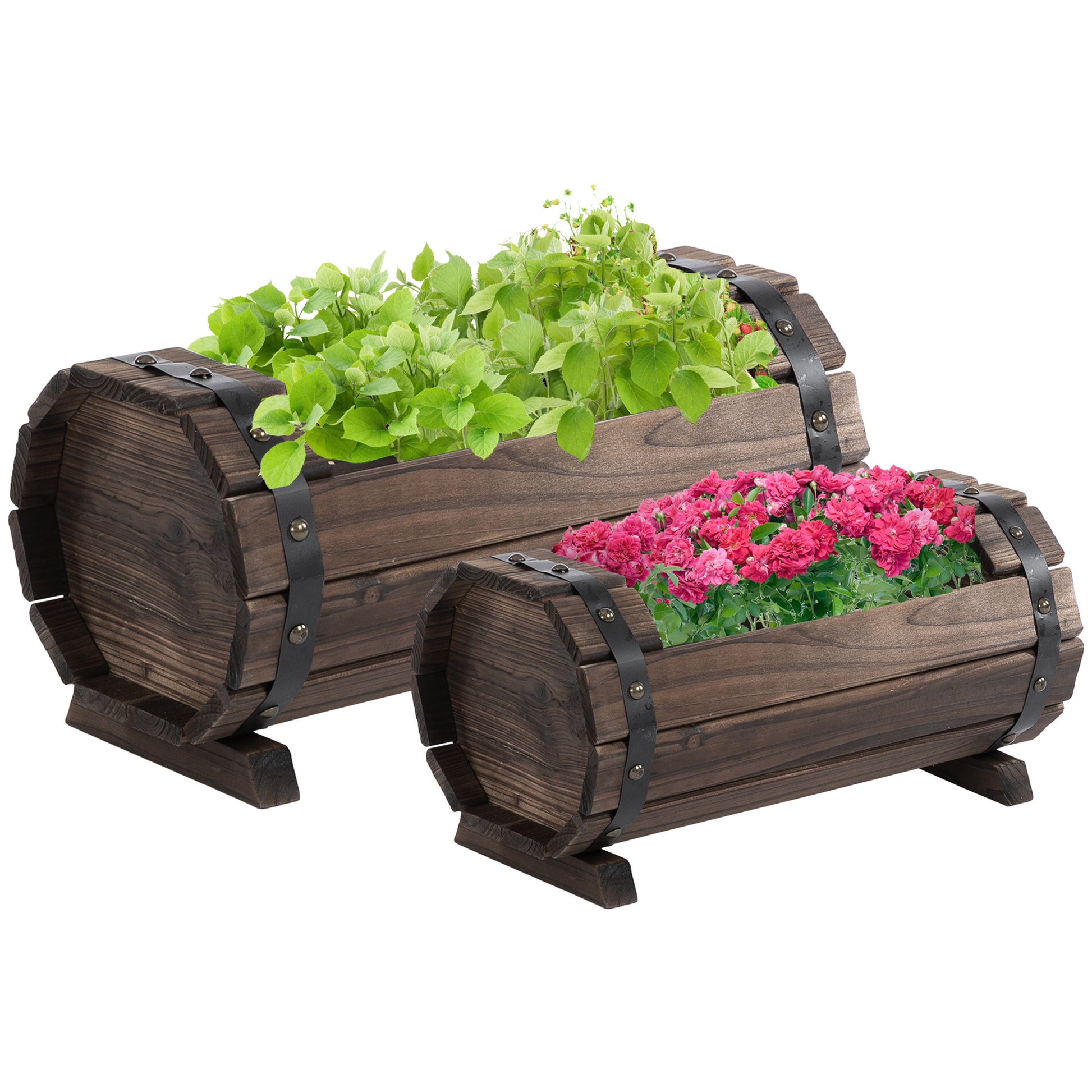 Photo of Outsunny 2PCs 56L Wooden Planter Box Flower Plant Pot Outdoor Flower Beds Plant Box with Solid Wood Carbonized Colour in Colour colour on a white background