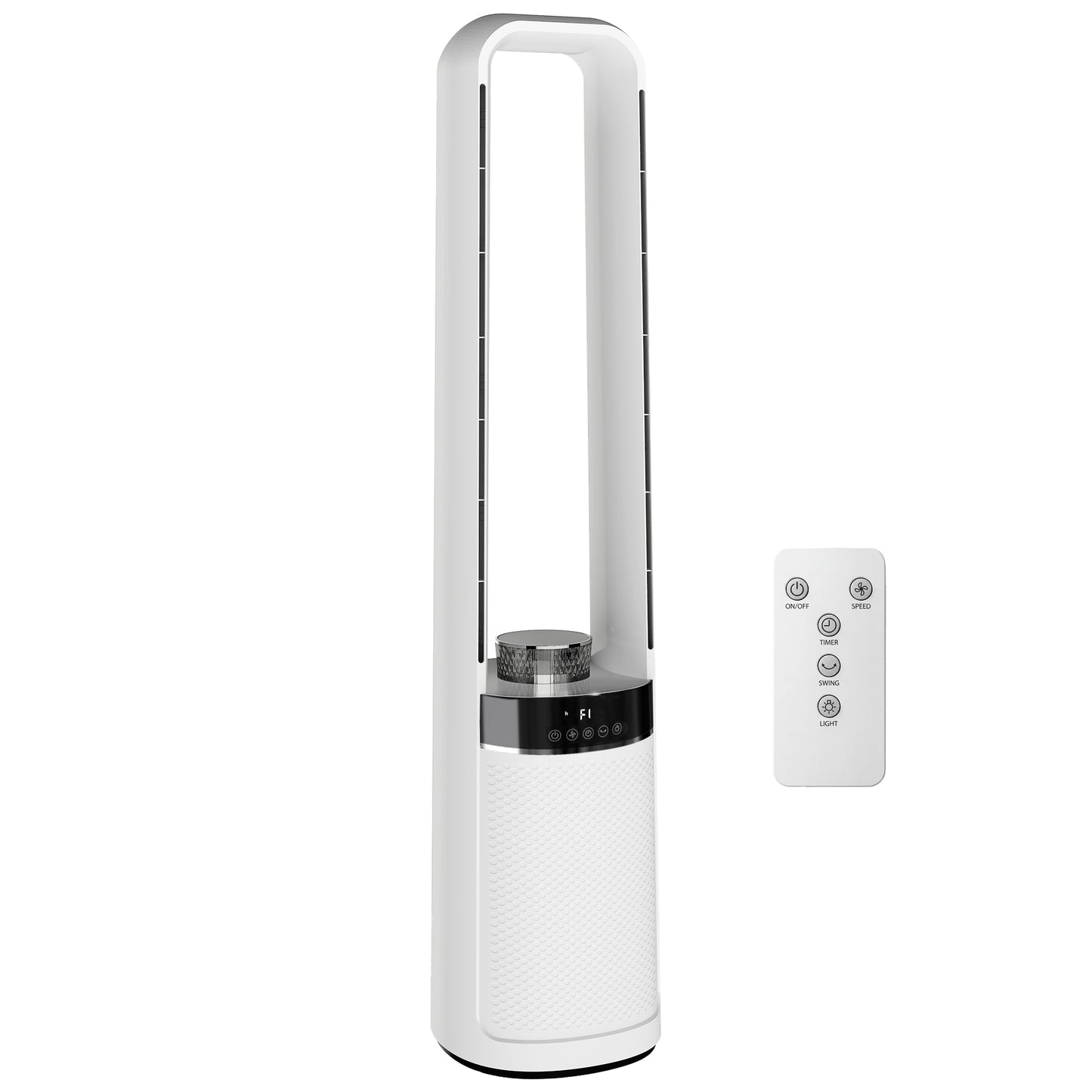 Photo of HOMCOM Bladeless Tower Fan, 36dB Standing Cooling Fan with Oscillating, LED Lights, 3 Speeds, 12H Timer, Remote Control in Control colour on a white background