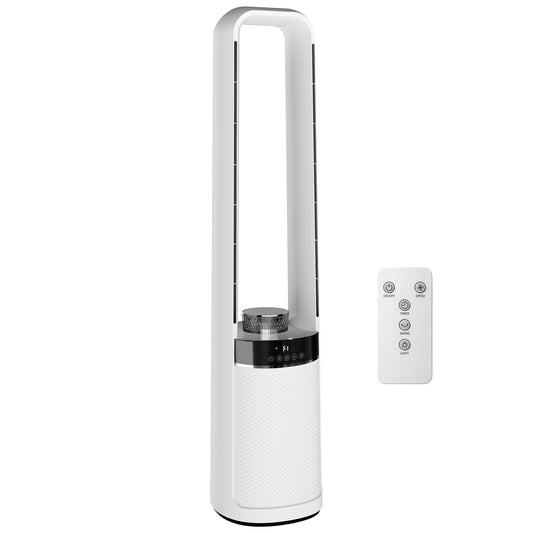 Photo of HOMCOM Bladeless Tower Fan, 36dB Standing Cooling Fan with Oscillating, LED Lights, 3 Speeds, 12H Timer, Remote Control in Control colour on a white background