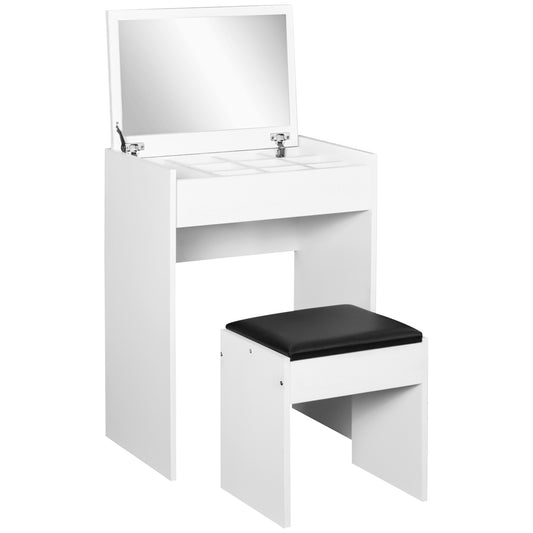 Photo of HOMCOM Dressing Table with Mirror and Stool, Vanity Makeup Table with Flip Up Mirror, Vanity Desk with Storage Unit and Padded Seat, White in White colour on a white background