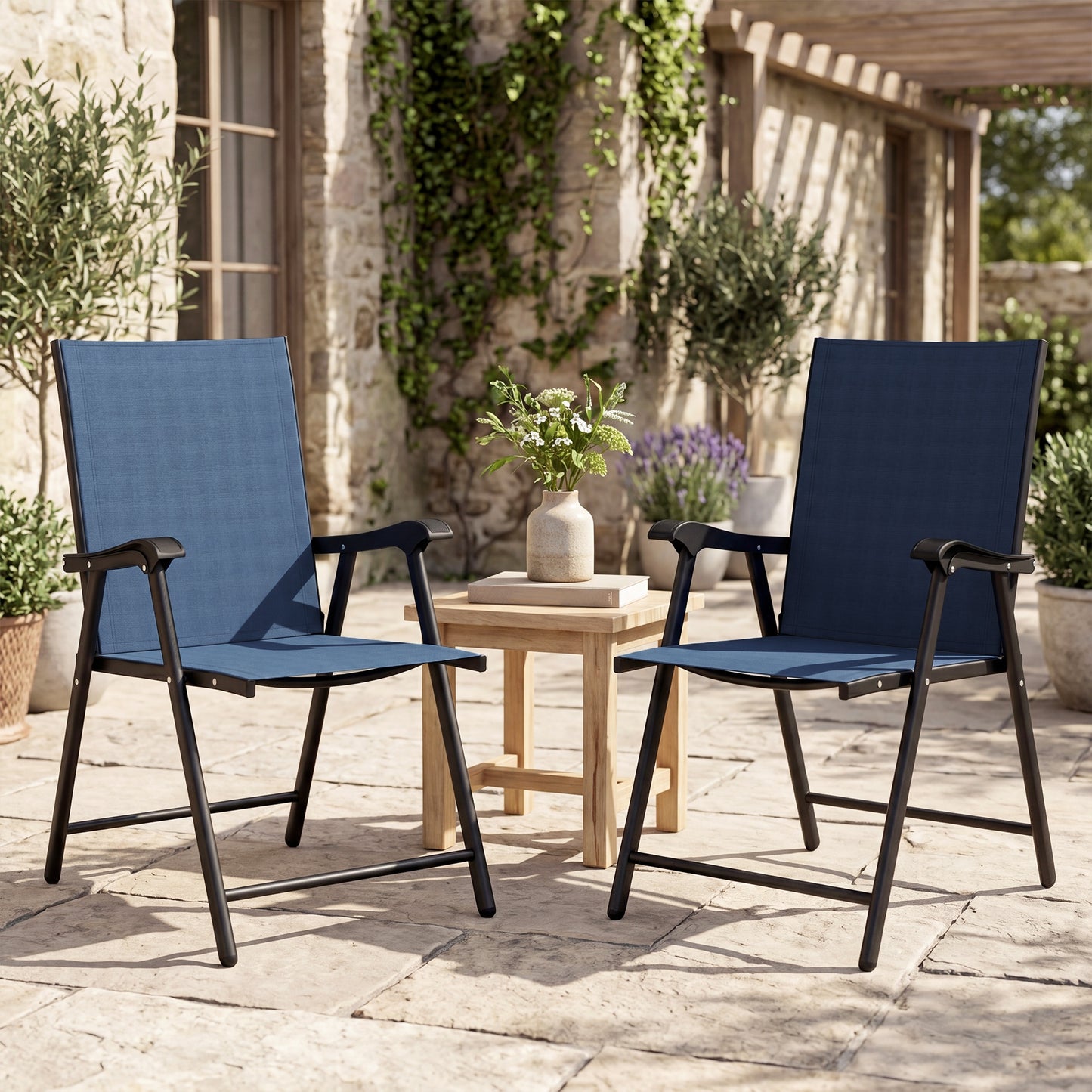 Outsunny Folding Garden Chairs Set of 2, Foldable Garden Dining Chairs with High Back, Armrests, Texteline Seat, Navy Blue