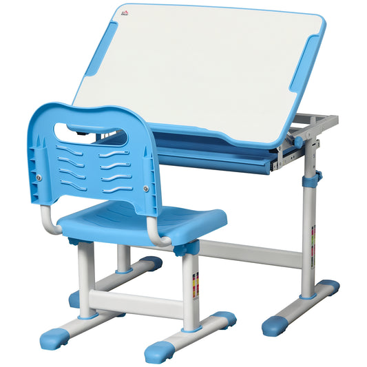Blue adjustable children's desk and chair set with a tilted desktop and molded chair back.