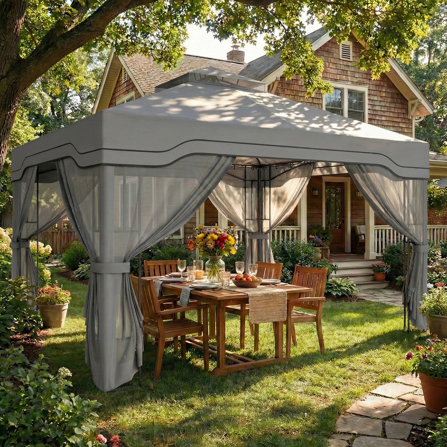 Outsunny 3 x 3.6 m Outdoor Garden Gazebo with Post Shelves, UPF50+ Patio Permanent Pavilion with Hook, Dark Grey