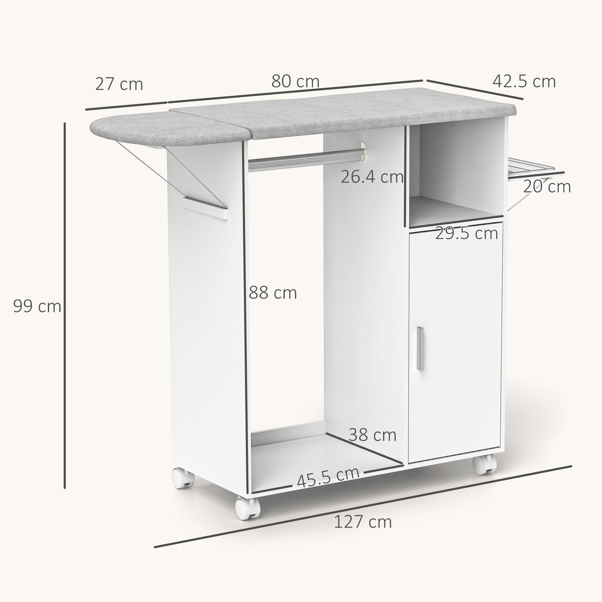White ironing board cabinet with gray top, storage compartments, and wheels, shown with dimensions