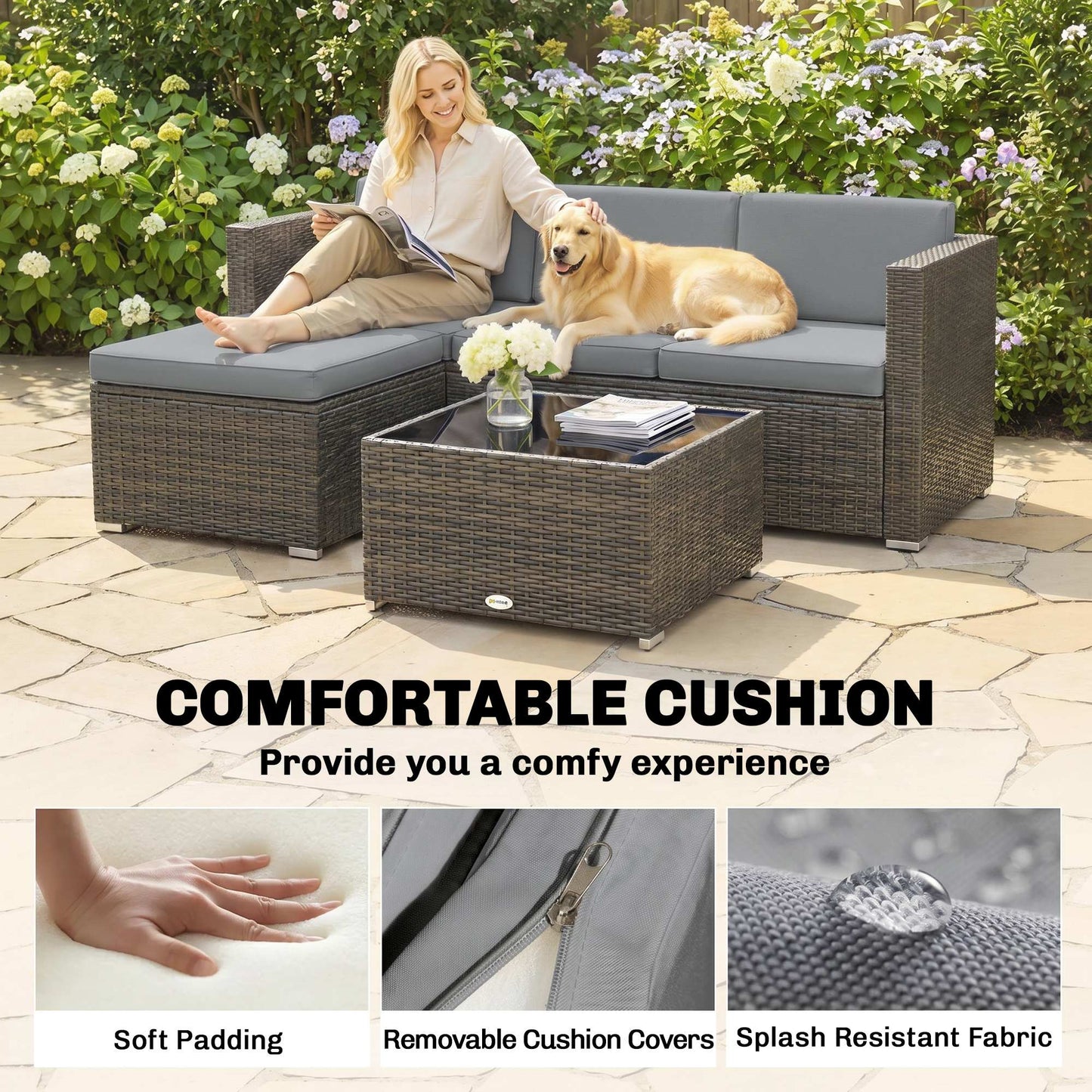 Outsunny 3 Pieces Garden Furniture Set w/ Cushions, PE Rattan Wicker Conversation Corner Sofa Set, Light Grey