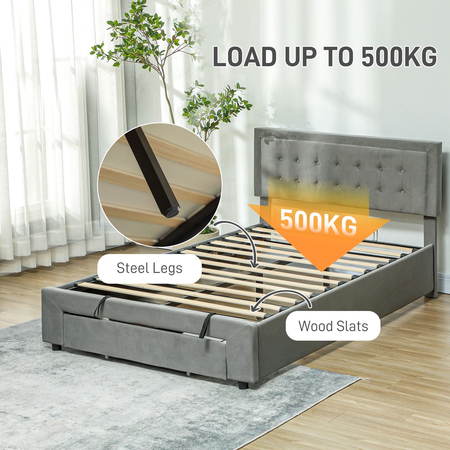 HOMCOM Double Size Ottoman Bed Frame 140W x 193.5D x 95Hcm with Front Drawer - Grey