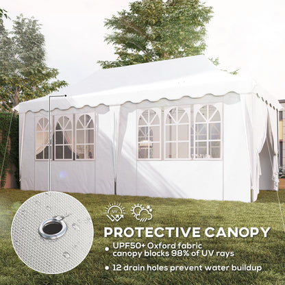 White gazebo with windowed side panels and canopy fabric featuring drainage eyelets