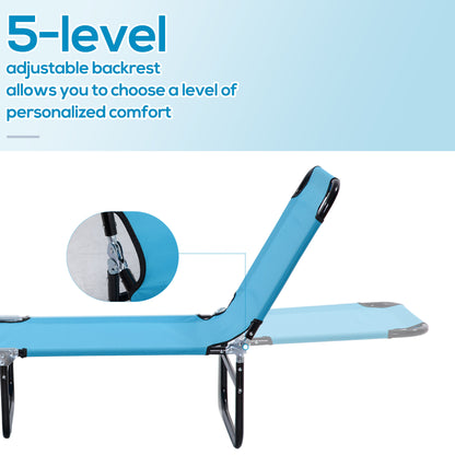 Light blue sun lounger with raised five-position adjustable backrest and hinge detail.