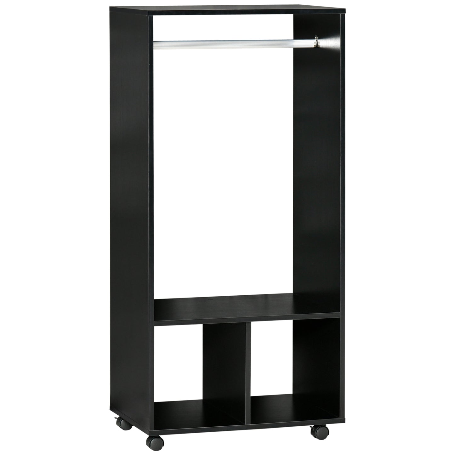 Photo of HOMCOM Open Wardrobe on Wheels, Bedroom Wardrobe with Clothes Hanging Rail, 2 Storage Shelves, Mobile Garment Rack for Cloakroom, Hallway, Black in Black colour on a white background
