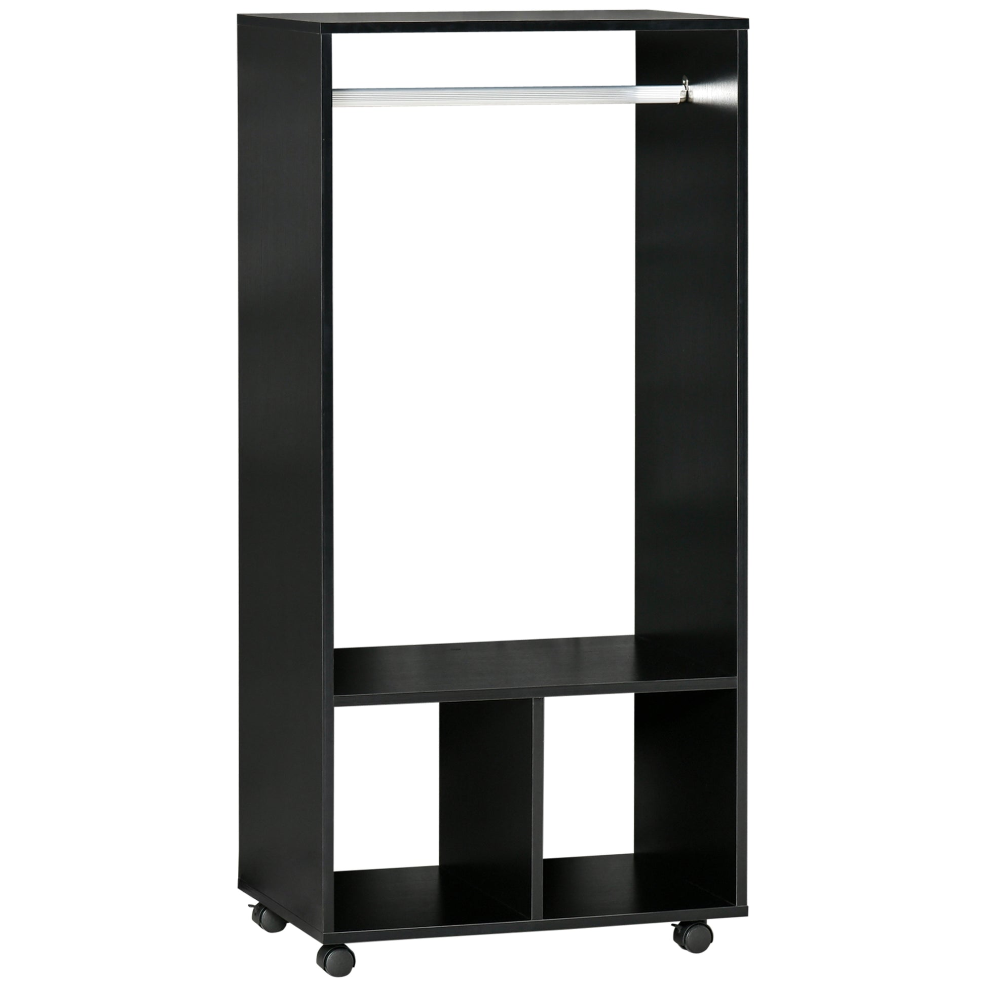 Photo of HOMCOM Open Wardrobe on Wheels, Bedroom Wardrobe with Clothes Hanging Rail, 2 Storage Shelves, Mobile Garment Rack for Cloakroom, Hallway, Black in Black colour on a white background