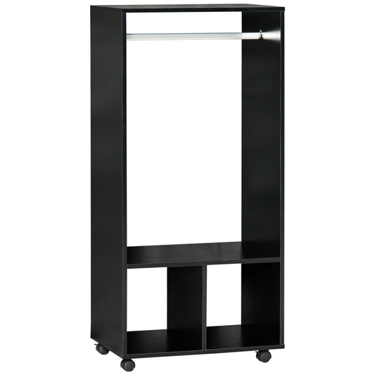 Photo of HOMCOM Open Wardrobe on Wheels, Bedroom Wardrobe with Clothes Hanging Rail, 2 Storage Shelves, Mobile Garment Rack for Cloakroom, Hallway, Black in Black colour on a white background
