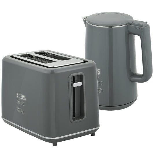 Photo of HOMCOM Digital Stainless Steel Kettle and Toaster Set, 1.5L 3000W Fast Boil Kettle, 2 Slice Toaster with 7 Level Browning Controls, Defrost, Reheat, Keep Warm, Crumb Tray and LED Touch Display, Grey in Grey colour on a white background