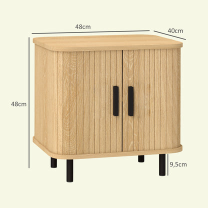 Oak-tone nightstand with sliding doors, shown with 48 cm height and width measurements