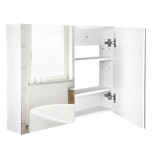 White bathroom mirror cabinet with two mirrored doors, open to show shelves and metal hinges