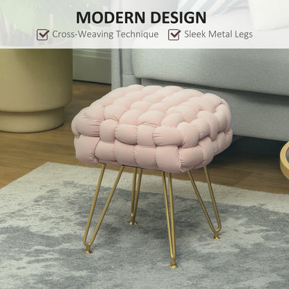 Pink cross-woven footstool with slim gold-tone metal legs