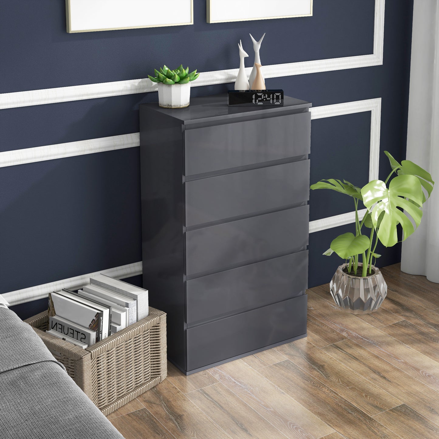 HOMCOM 5-Drawer Modern Dresser, High Gloss Storage Drawer Unit for Bedroom, Grey