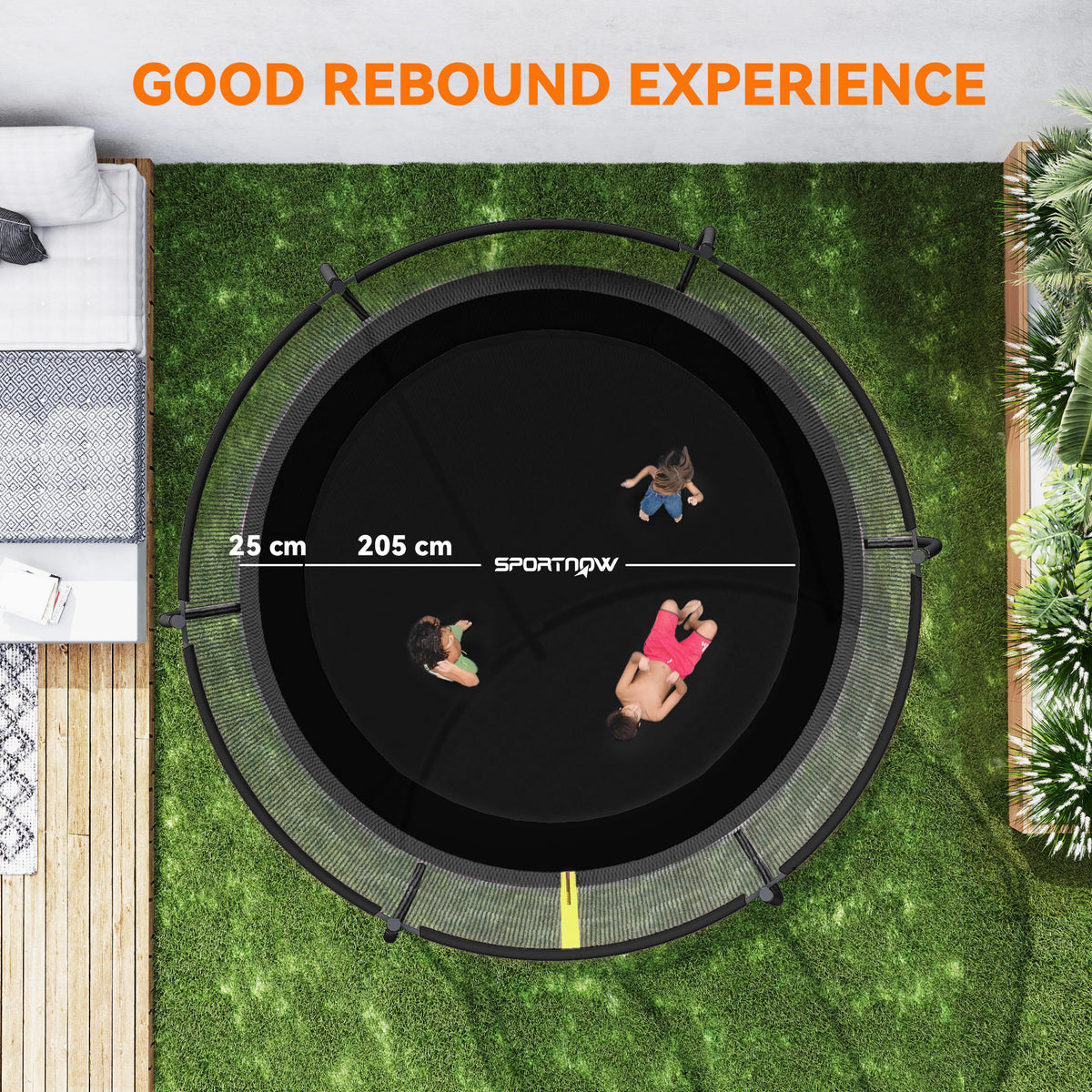 Top view of round black trampoline mat, spring cover, and surrounding enclosure net