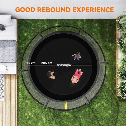 Top view of round black trampoline mat, spring cover, and surrounding enclosure net