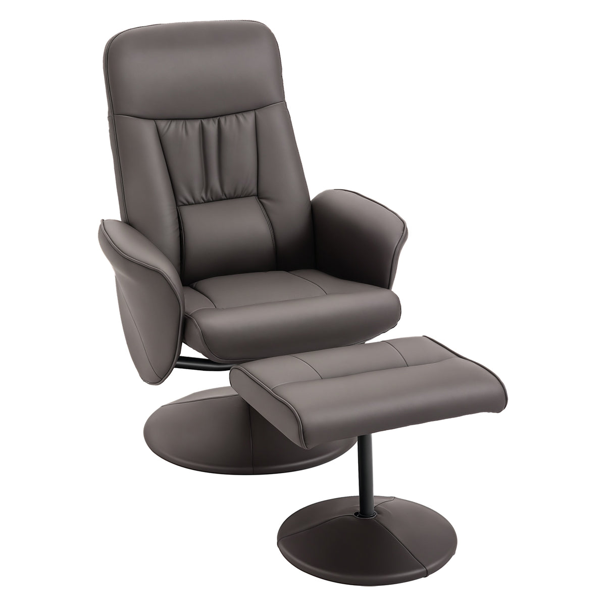 Brown high-back recliner chair with padded arms, matching footstool, and round swivel bases