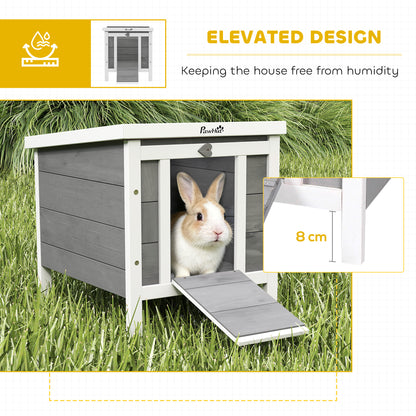PawHut raised wooden rabbit hutch with grey panels, white frame, and ramp