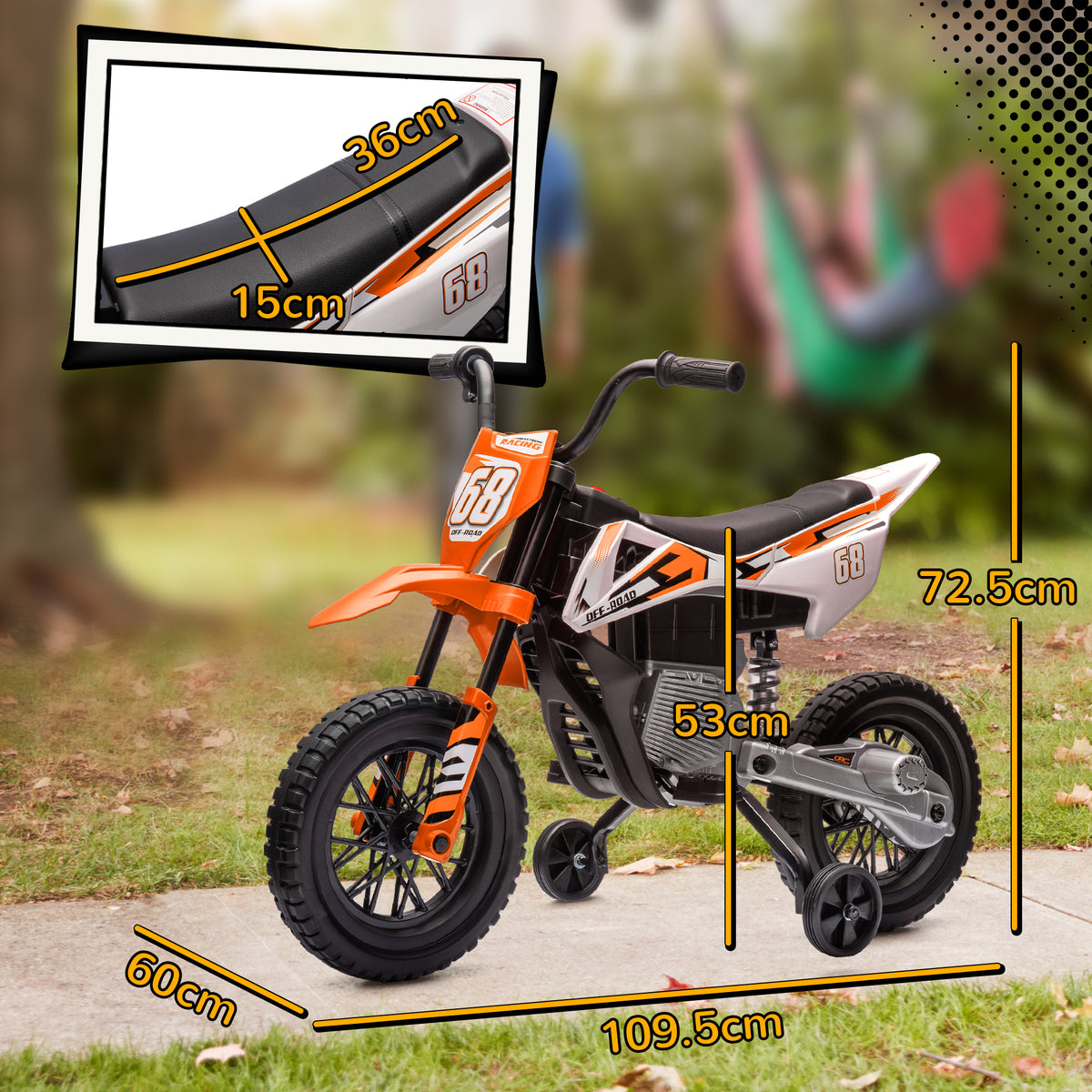 Orange kids' electric motorcycle with dimensions and seat measurements shown