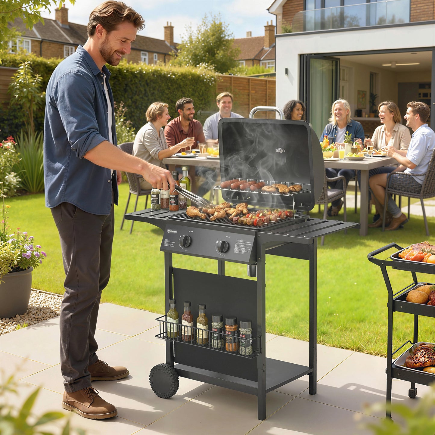 Outsunny Gas Burner Barbecue Grill, 2 Burner Gas Grill with Side Tables, Warming Rack, Shelf, Thermometer, Grease Tray, Black