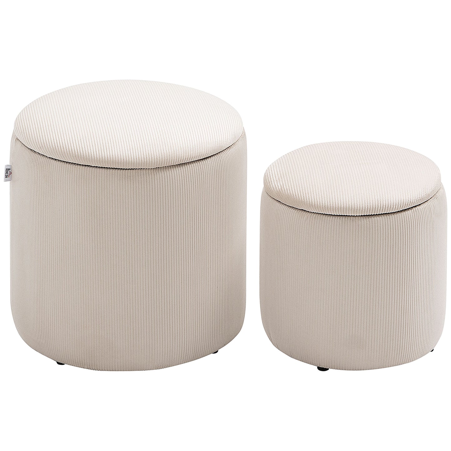 Photo of HOMCOM Set of 2 Round Ottoman with Storage, Fabric Vanity Stool for Makeup, Footrest Stool with Removable Lid for Living Room & Bedroom, Cream White in White colour on a white background