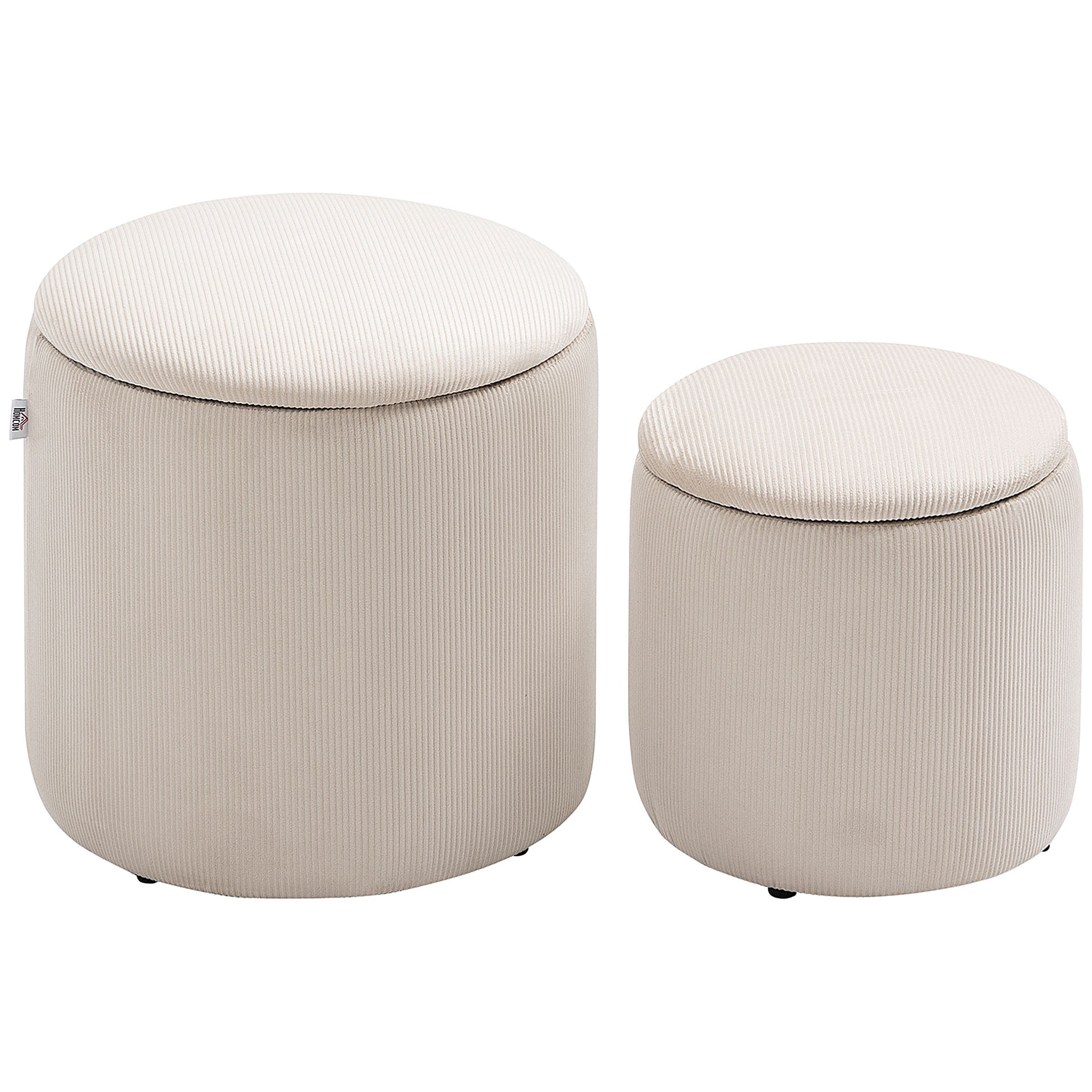 Photo of HOMCOM Set of 2 Round Ottoman with Storage, Fabric Vanity Stool for Makeup, Footrest Stool with Removable Lid for Living Room & Bedroom, Cream White in White colour on a white background