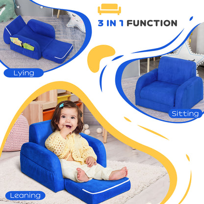Blue kids' armchair shown in sitting, lounging, and lying positions.