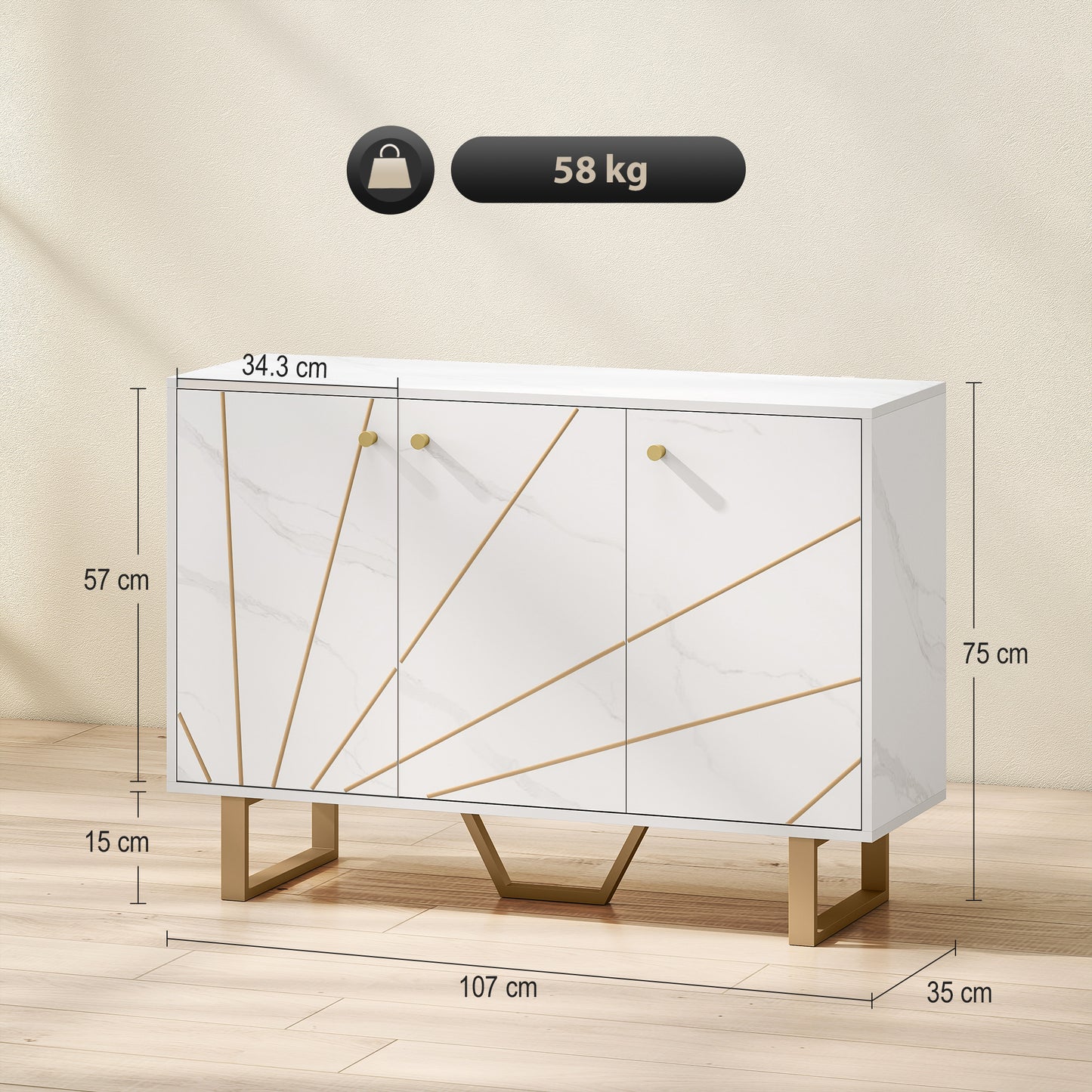 HOMCOM Sideboard Storage Cabinet, Modern Storage Cupboard with Adjustable Shelves and Metal Legs for Living Room, Kitchen, Dining Room, Entryway, White Marble Tone