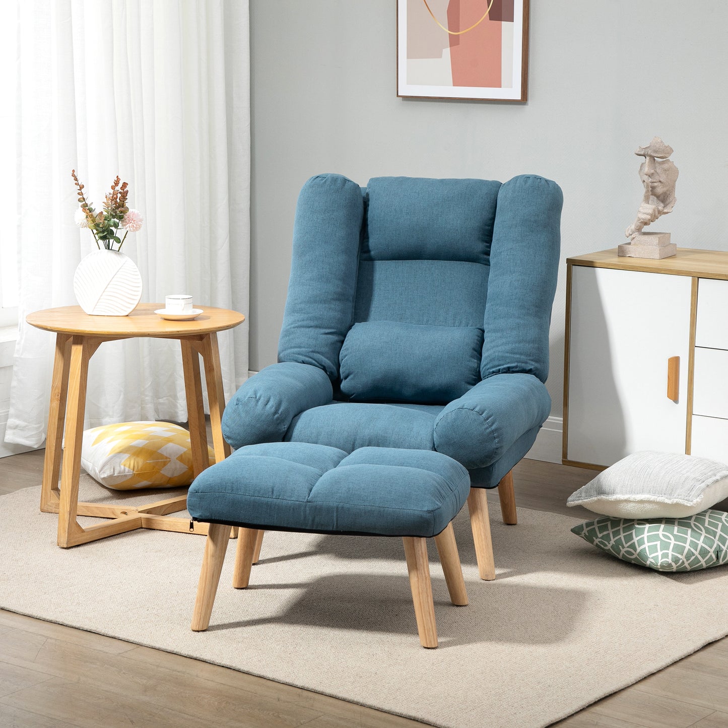 HOMCOM Recliner Chair with Footstool, Recliner Armchair with Adjustable Backrest, Thick Cushion and Wooden Legs, Blue