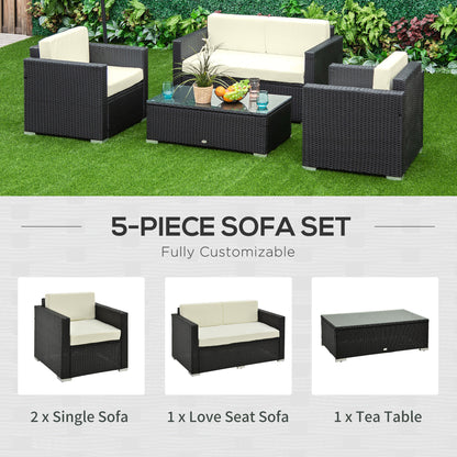Five-piece black rattan sofa set with cream cushions and glass-top table