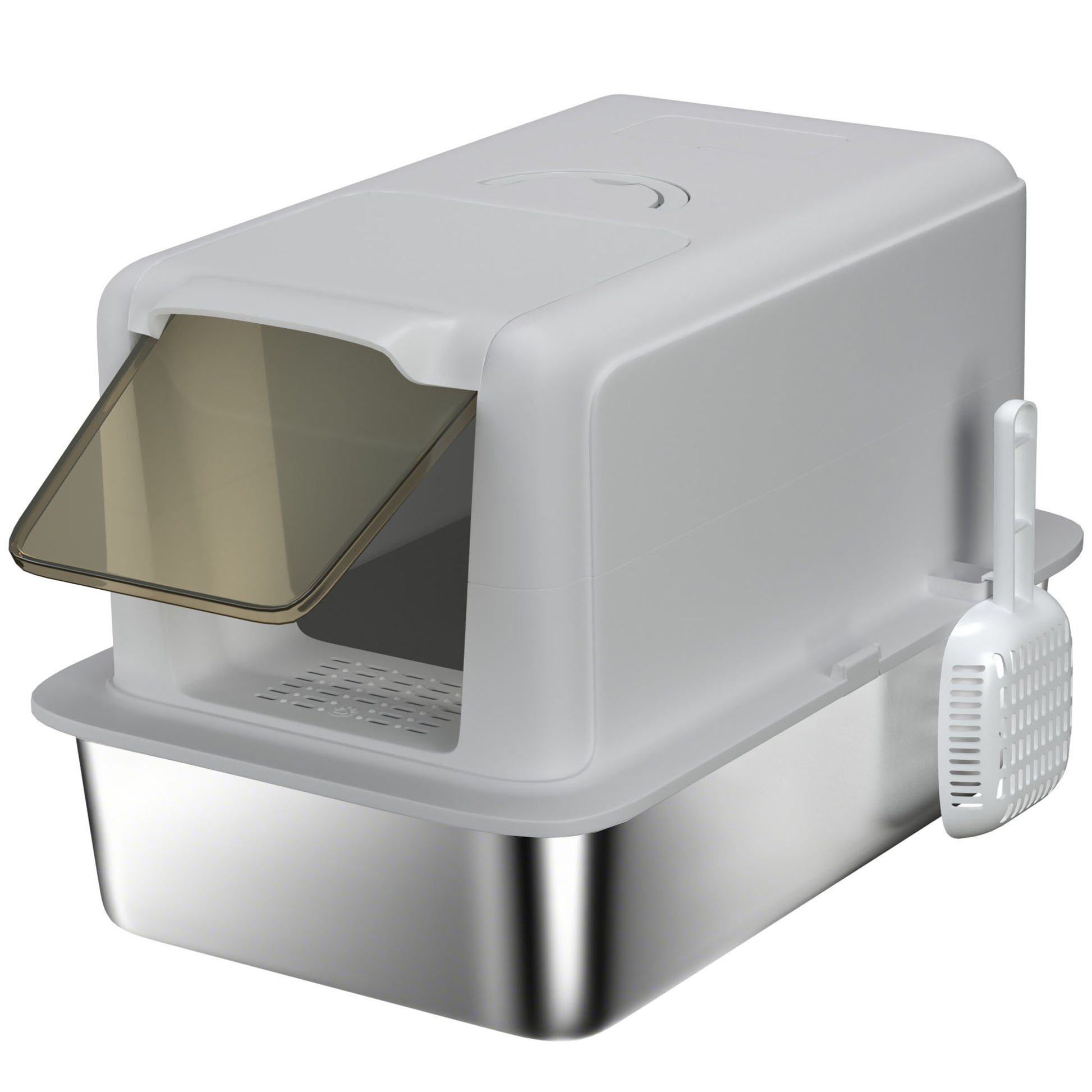 Photo of PawHut Stainless Steel Cat Litter Box with Removable Lid, Scoop, Filter Bags, for Larger Cats, Grey in Grey colour on a white background