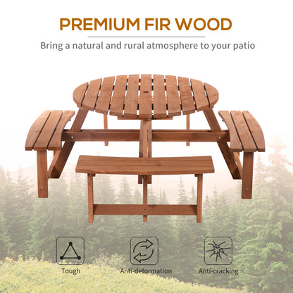 Fir wood picnic set with round slatted table and four attached benches