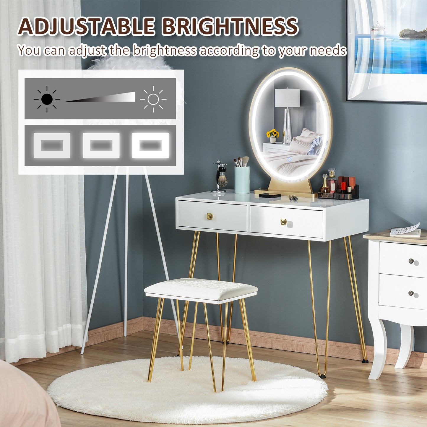 HOMCOM Dressing Table with LED Mirror and Cushioned Stool, Vanity Desk with Acrylic Lipstick Holder and 2 Drawers, Makeup Table for Bedroom, White