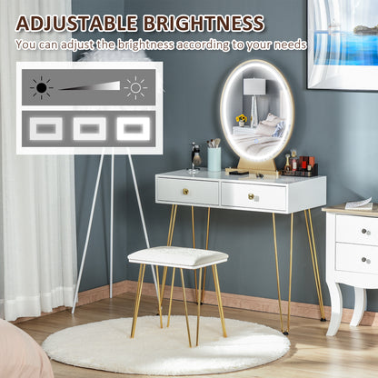 White vanity with oval LED mirror and cushioned stool, shown with adjustable mirror brightness