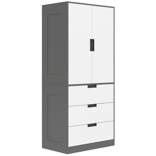 Photo of HOMCOM Modern Clothes Storage Cupboard Unit, 3 Drawer 2 Door Wardrobe with Hanging Rod, Grey in Grey colour on a white background
