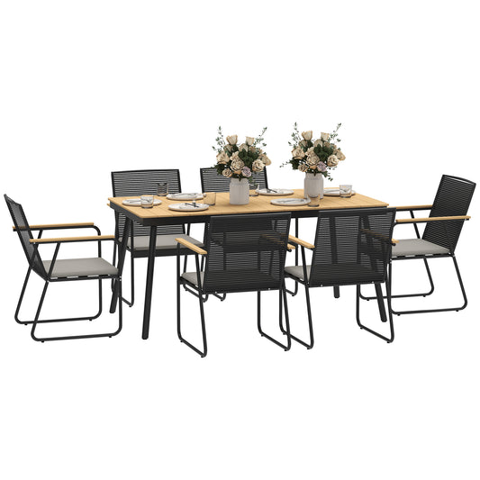 Photo of Outsunny 6‑Seater Garden Dining Set with Cushions, Rattan Backrest, Plastic Top, Garden Furniture Set, Natural Wood Finish in Finish colour on a white background