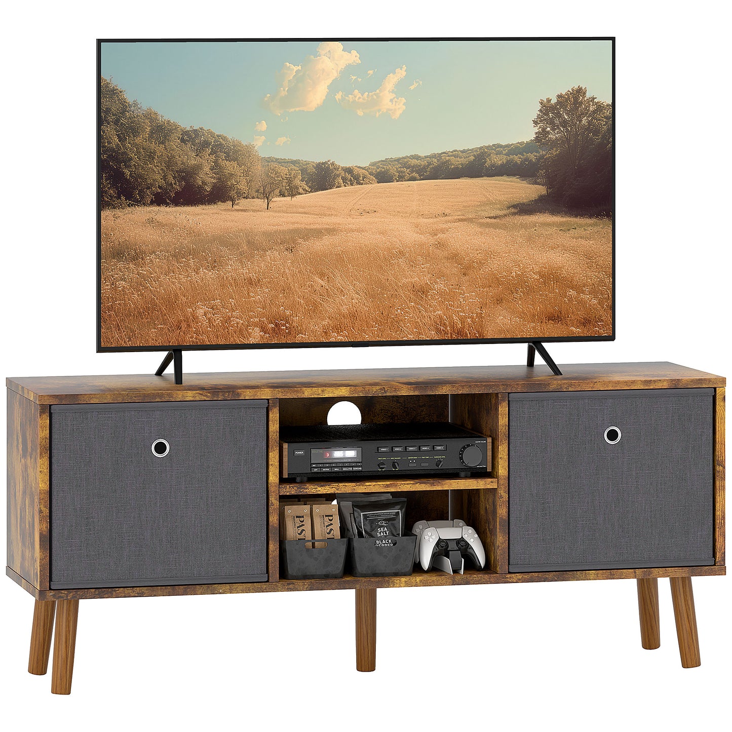 Photo of HOMCOM TV Cabinet Stand Unit for TVs up to 50'' with Foldable Drawers, Entertainment Centre for Living Room Rustic Brown in Brown colour on a white background