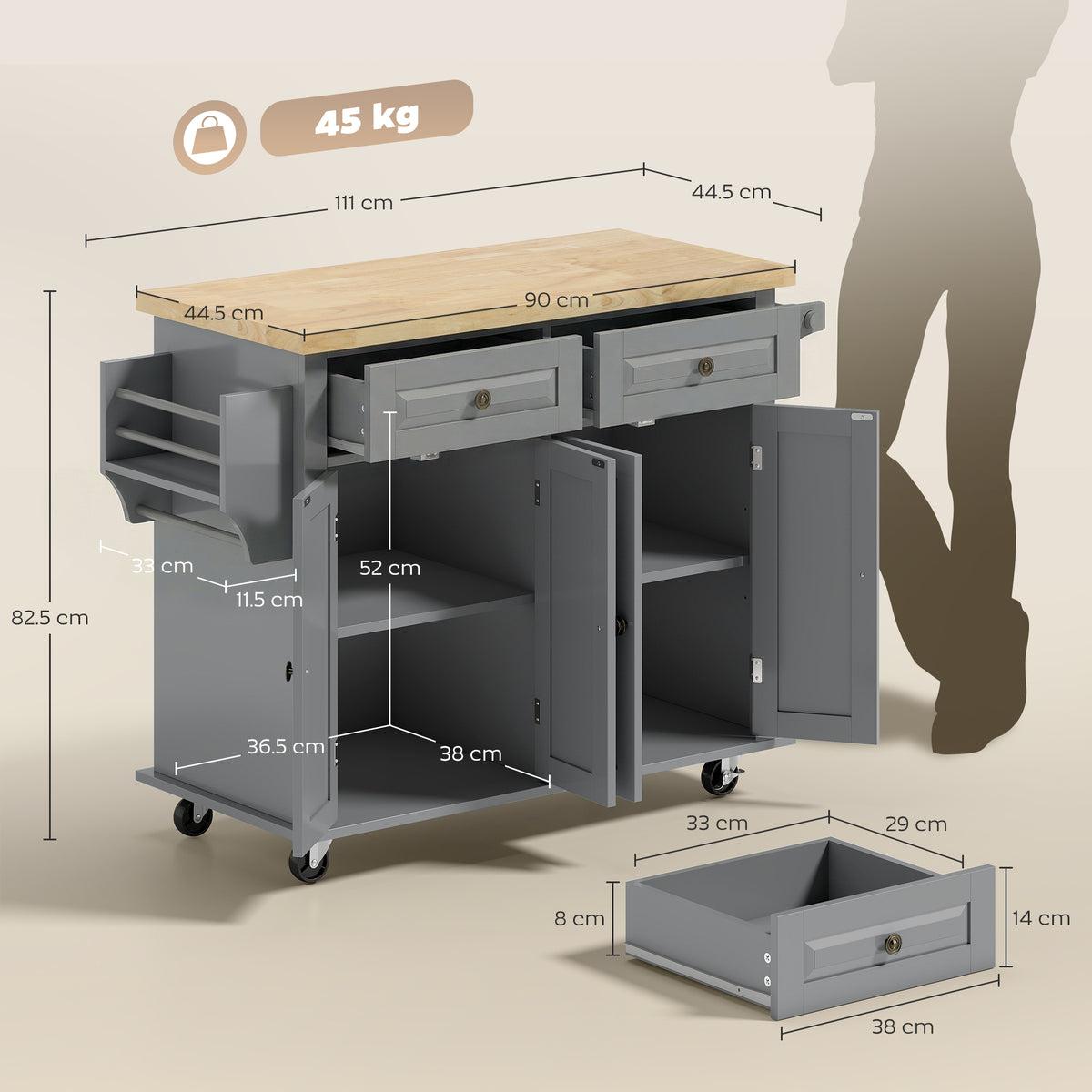 Kitchen island trolley with open cabinets and drawers, shown with storage dimensions and removable drawer